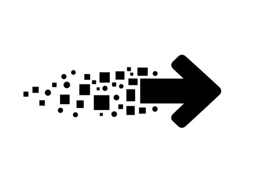 Black arrow made of pixels moving to the right isolated on transparent background