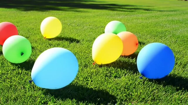 Colorful balloons on green grass with shadows