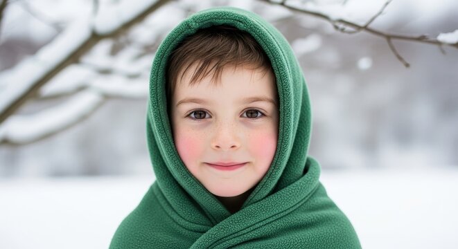 Child in Green Hood Wrapped in Winter Snow Scene.