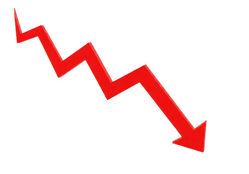 A red arrow pointing downwards in a jagged line isolated on transparent background