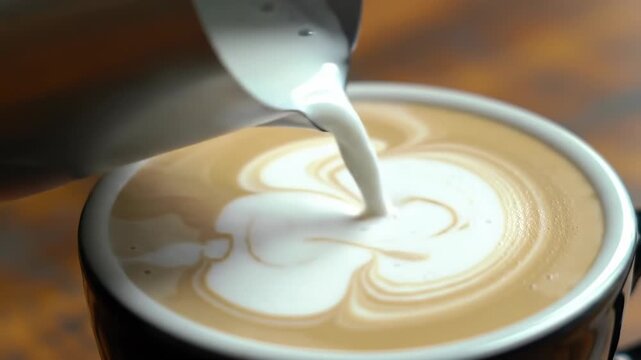 Latte art creation, milk pouring over coffee, cafe setting, latte art swirls