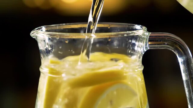 Pouring liquid into glass pitcher with lemon slices