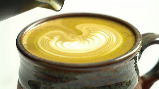 Latte art being poured into a ceramic mug