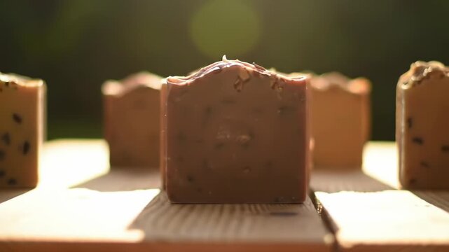 Natural soaps on wooden surface outdoors