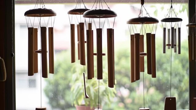 Wind chimes hanging from window with out-of-focus garden view