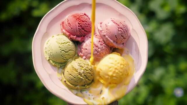 Ice cream scoops poured with sauce on a pink plate outdoors