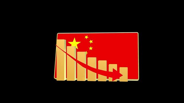 China economic bar chart graph showing decreasing downturn with national Flag 3D animation on black background.