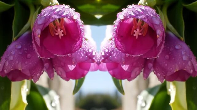 Close-up of pink flowers with water droplets, garden setting