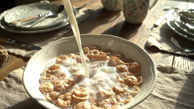 Milk Pouring Over Cereal on Rustic Table Setting