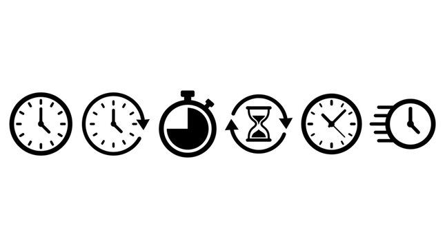 Minimalist black clock icons representing time management and speed in a simple vector graphic design