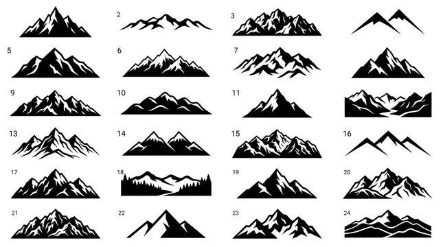 Collection of diverse black and white mountain peak vector icons for professional outdoor logo design