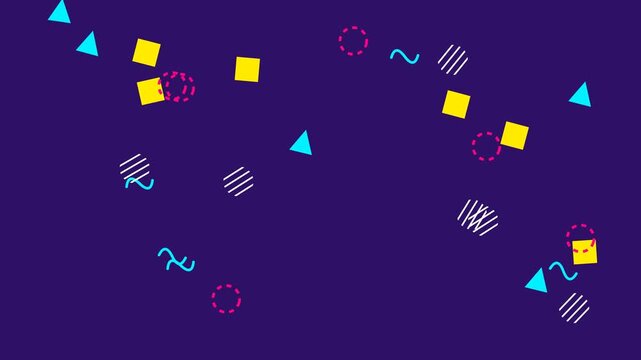 Retro 90s Memphis Style Geometric Shapes Floating on Purple