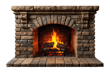 Fototapeta premium Rustic stone fireplace with burning logs isolated on transparent background