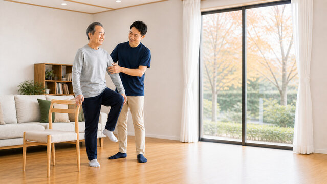 Japanese Senior Man Practicing Balance Exercise with Physical Therapist,理学療法士とバランス運動を行う日本人シニア男性
