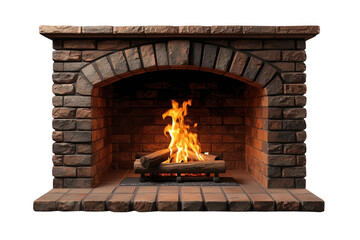 Fototapeta premium Brick and stone fireplace with active flame isolated on transparent background
