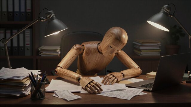Wooden robot exhausted at desk, surrounded by papers and glowing lamps.