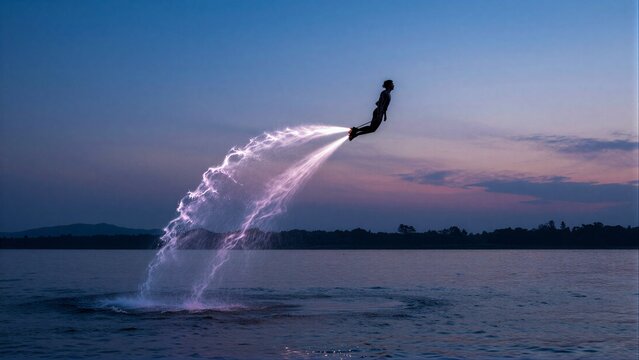 A person soars above water on a jet ski at dusk, leaving sparkling trails behind.