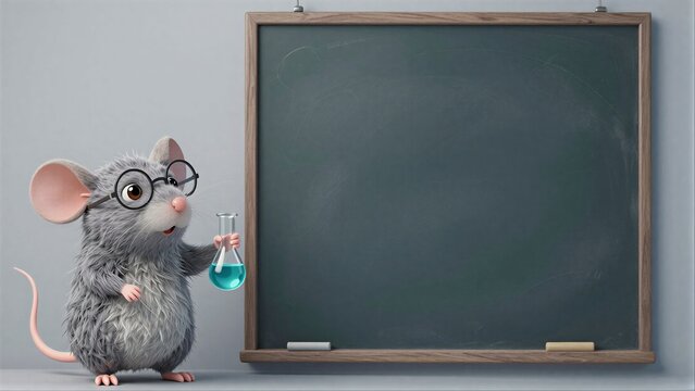 Smart mouse scientist holds test tube, stands beside blank chalkboard ready to teach.