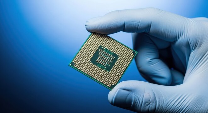 Close up of a computer processor chip in gloved hand.