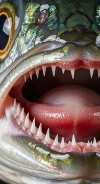 Close up of a fierce fish with sharp teeth and open mouth.