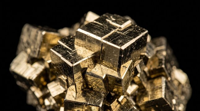 Intricate golden pyrite mineral crystal cluster abstract geometric natural formation with metallic
