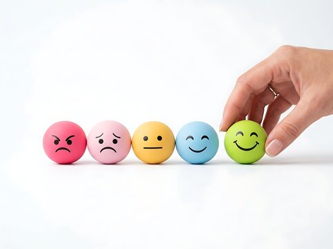 Hand placing a green smiley face sphere at the end of a horizontal row of emotion balls