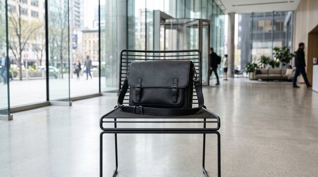 Modern minimalist leather satchel displayed on a sleek black chair in a sunlit office lobby with