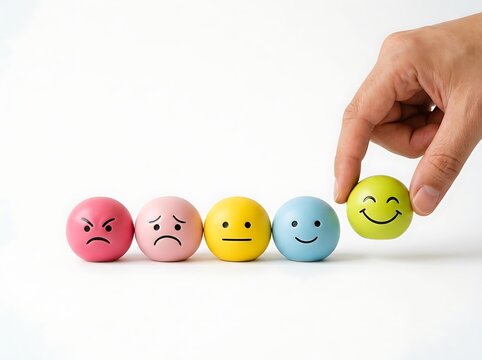 Human hand hovering a happy green emotion sphere over a sequence of colored mood balls