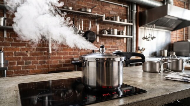 Pressure cooker steaming vigorously on induction hob in rustic kitchen with brick wall