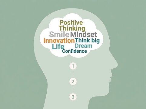 Human head silhouette with a thought cloud containing positive mindset and confidence words
