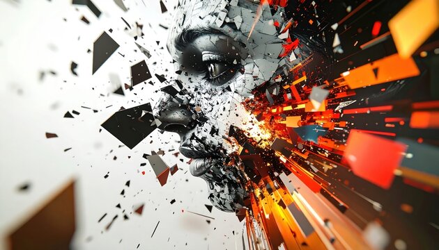 Abstract Face Explosion - A Visual Representation of Inner Turmoil and Transformation.