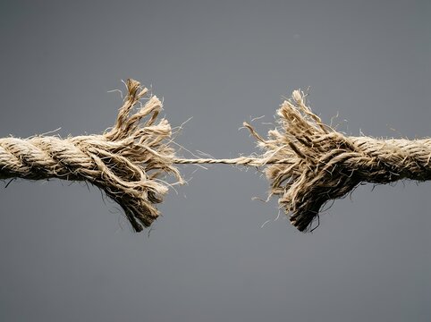 Close up of a jute rope snapping under high tension as a metaphor for stress and failure