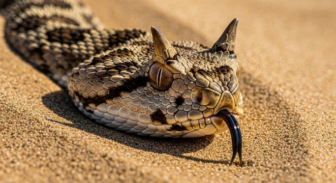 Close up of a horned lizard on sandy ground.