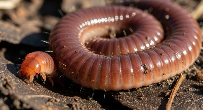 Close up of a millipede and pill bug on forest floor.