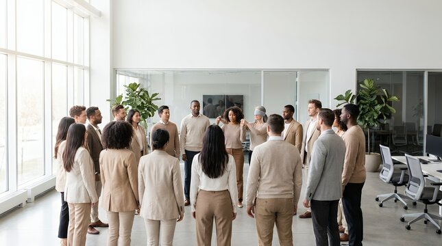 Diverse group of business professionals standing in a circle for a team building workshop in a modern office.