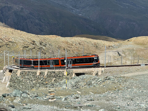 Gornergrat Railway, famous electric cogwheel mountain train in Alps and Switzerland - Gornergratbahn oder Gornergrat Bahn, ber&uuml;hmte elektrische Zahnradbahn in den Alpen und der Schweiz