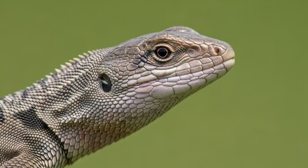 Fototapeta premium Close up of a textured lizard head on green background.
