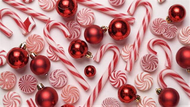 Red ornaments, candy canes, and peppermint candies scattered on white surface.