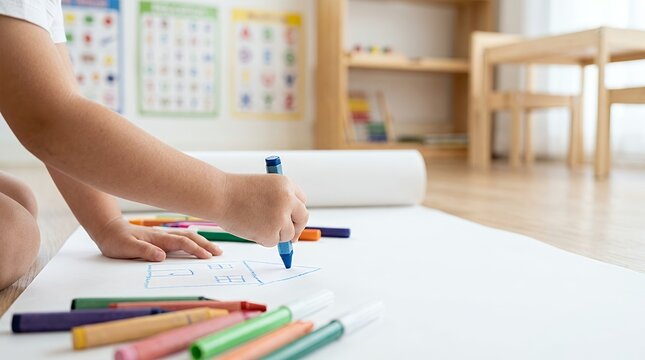 A young child drawing with colorful markers on a large white paper roll in a classroom.