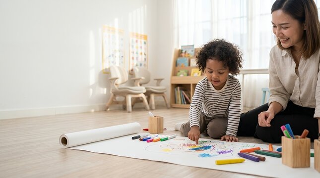 A young child drawing with colorful markers on a large paper roll with a teacher in a classroom.