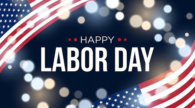 Happy Labor Day festive celebration background with waving American flag and bokeh lights. Patriotic holiday concept with red, white, and blue colors for greeting cards, banners, and web design
