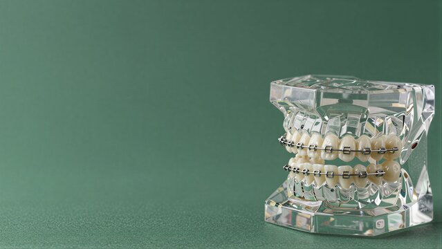 Clear dental model with braces on green background, showcasing orthodontic treatment.