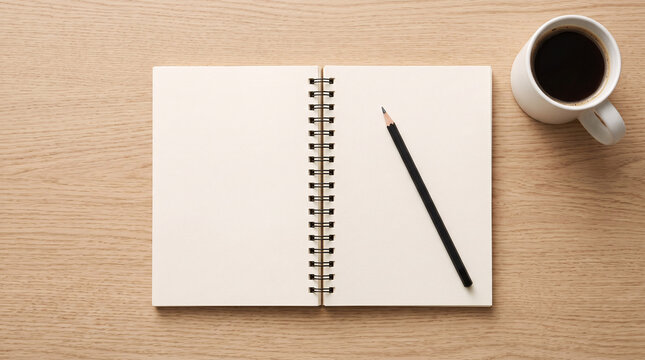 Carnet vierge avec crayon et tasse de caf&eacute; sur un bureau en bois