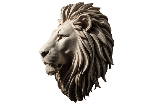 Ornate lion head wall sculpture with flowing mane isolated on transparent background
