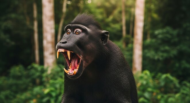 Black crested macaque showing teeth in a lush tropical forest