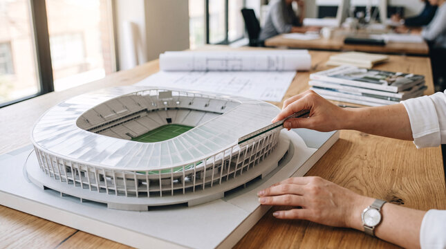 Architecte travaillant sur une maquette de stade moderne