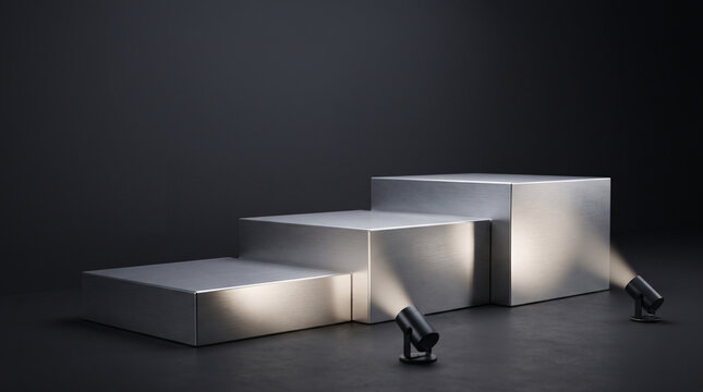 Podiums m&eacute;talliques minimalistes &eacute;clair&eacute;s par des projecteurs