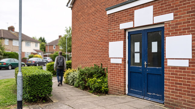 Entr&eacute;e d&rsquo;un b&acirc;timent de quartier avec panneaux d&rsquo;affichage vierges