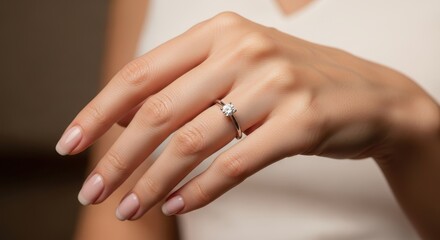 Fototapeta premium Close up of elegant hand with diamond engagement ring.