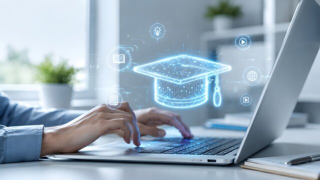 Student typing on laptop with glowing holographic graduation cap and elearning icons representing online degree programs